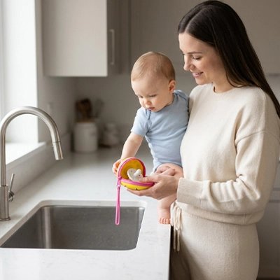 Boite a tetine​ bebe jaune maman tient bébé et la tétine dans la boite