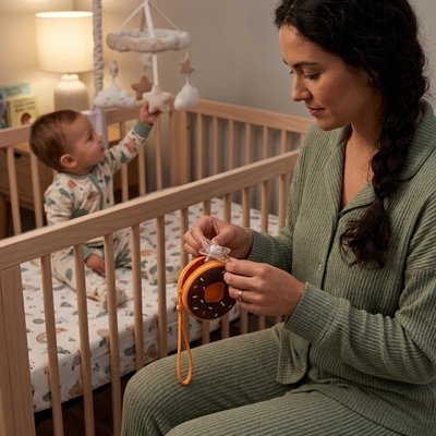 Boite a tetine​ bebe marron bébé assis dans son lit et maman range la tétine