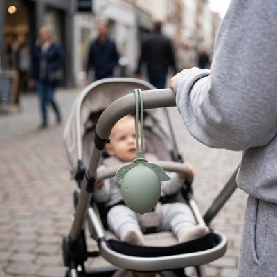 Boite a tetine​ bebe vert attachée sur la poussette