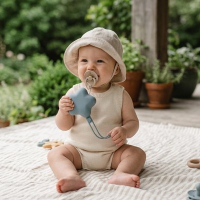 Boite a tetine bleu bébé assis sur une écharpe