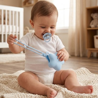 Boite a tetine  bleu clair bébé assis sur une natte avec sa tétine dans la bouche