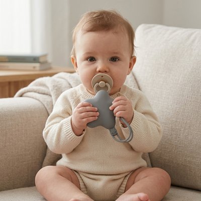 Boite a tetine gris , bébé assis avec sa tétine dans la bouche