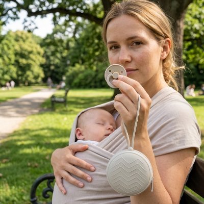 Boite a tetine gris clair maman tient son bébé et montre sa tétine