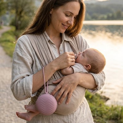 Boite a tetine mauve maman met la tétine dans la bouche de son bébé