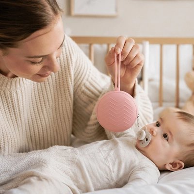 Boite a tetine​ rose bébé couché dans son lit avec la tétine dans la bouche