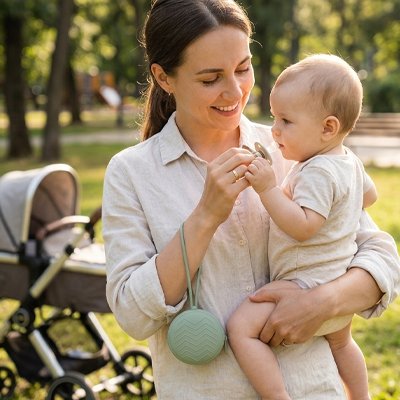 Boite a tetine vert maman donne la tétine à bébé