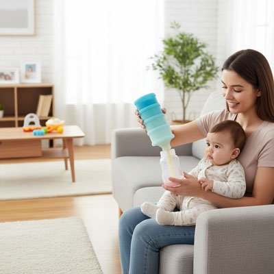 Boite doseuse lait bébé bleu maman assis au salon avec son bébé 