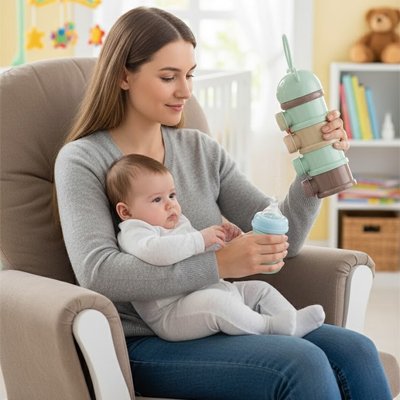 Boite doseuse lait bébé maman assise avec son bébé entrain de préparer son lait