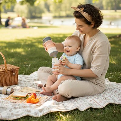 Boite doseuse lait bébé maman et bébé sur le gazon