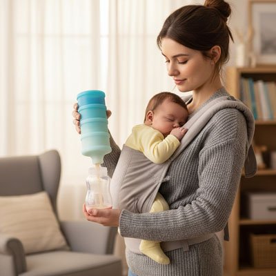 Boite doseuse lait bébé maman transvase le lait