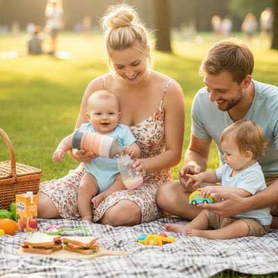Boite doseuse lait bébé orange toutes la famille reunis au parc