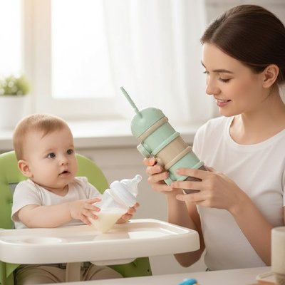 Boite doseuse lait bébé vert bébé tient son biberon et maman regarde la boite 