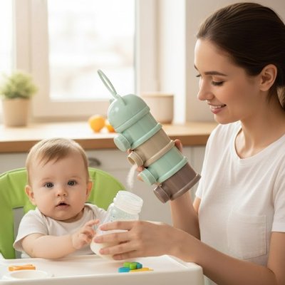 Boite doseuse lait  bébé vert maman qui fait la préparation de bébé