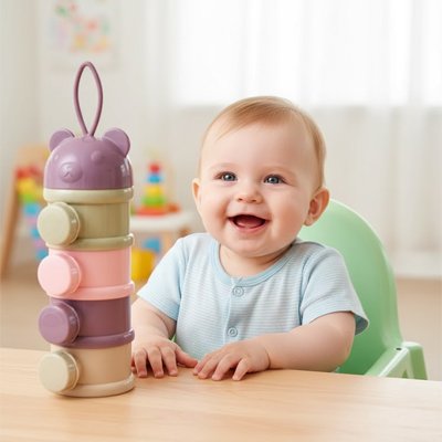 Boite doseuse lait bébé violet bébé souriant regarde sa boite doseuse à lait