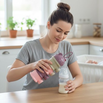 Boite doseuse lait bébé violet maman tient la boite dans sa main