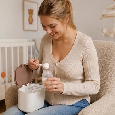 Boite doseuse lait blanc, maman fait la préparation du bébé