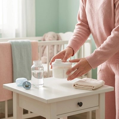 Boite doseuse lait blanc maman qui prépare le lait