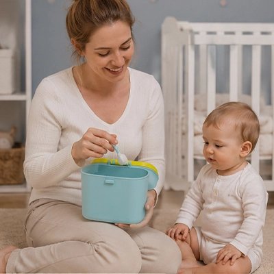 Boite doseuse lait bleu bébé et maman assis sur le tapis