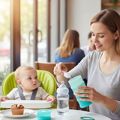 Boite doseuse lait bleu bébé regarde préparer son lait