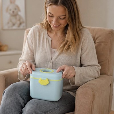 Boite doseuse lait bleu la boîte dans la main de maman