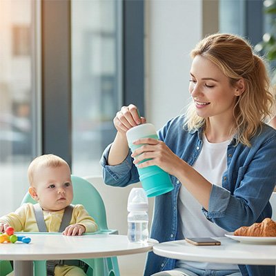 Boite doseuse lait bleu maman assis avec son bébé