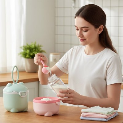 Boite doseuse lait  rose et vert maman met du lait dans le biberon