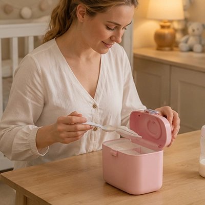 Boite doseuse lait rose maman prépare le lait du bébé 