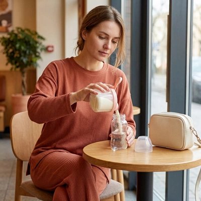 Boite doseuse lait rose, maman qui renverse du lait dans le biberon