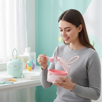 Boites doseuse lait rose et vert maman prépare du lait