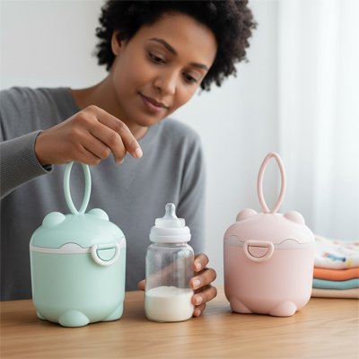 Boites doseuse lait  vert et rose posées devant maman