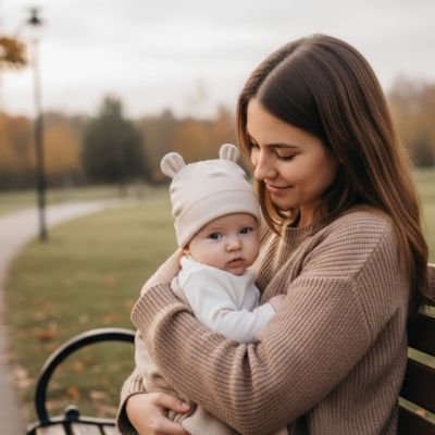 Bonnet bébé  abricot maman assise sur unbanc avec son bébé
