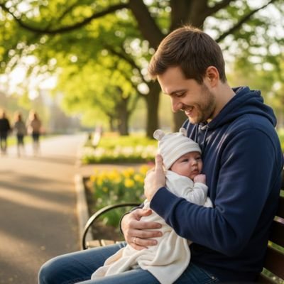 Bonnet bébé abricot papa avec son bébé
