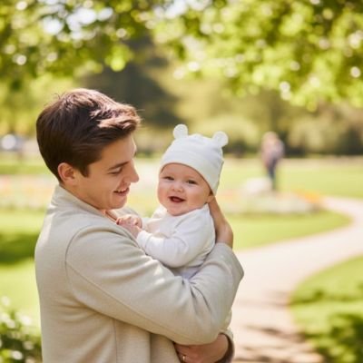Bonnet bébé abricot papa sourit avec son bébé