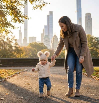 Bonnet bébé beige, bébé marche accompagné de sa maman