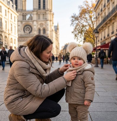 Bonnet bébé beige, maman attache le cache cou de son enfant
