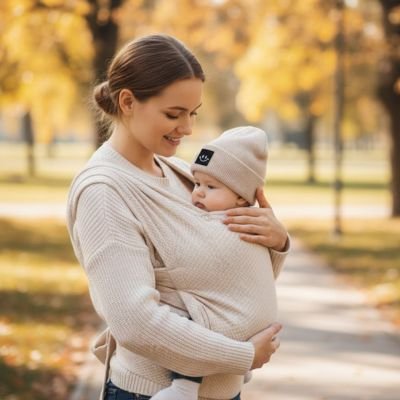 Bonnet bebe  beige maman qui porte son bébé contre elle