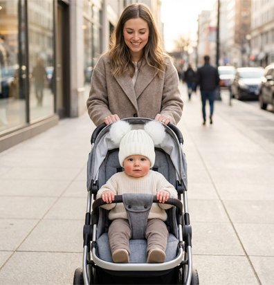 Bonnet bébé blanc, maman pousse son enfant dans la poussette