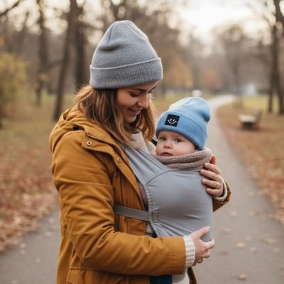 Bonnet bebe  bleu , bébé confortable dans les bras de sa maman