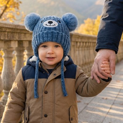 Bonnet bebe bleu l'enfant sur un pont