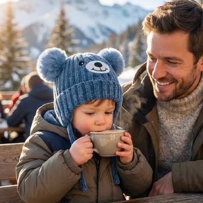 Bonnet bebe  bleu, papa qui regarde son fils boire du café