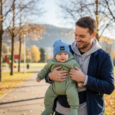 Bonnet bebe bleu papa qui regarde son fils 