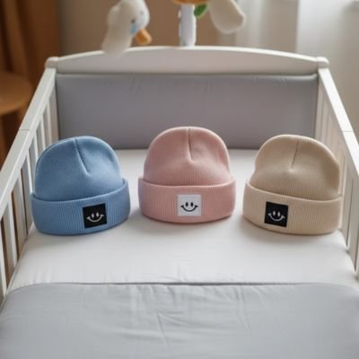 Bonnet bebe bleu, rose, beige exposés sur le lit