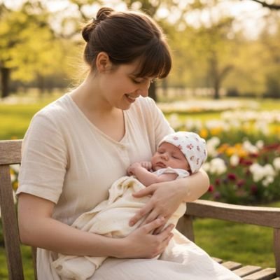 Bonnet bébé fille blanc floral, bébé en sécurité dans les bras de sa maman