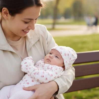 Bonnet bébé fille blanc floral, maman admire sa fille 