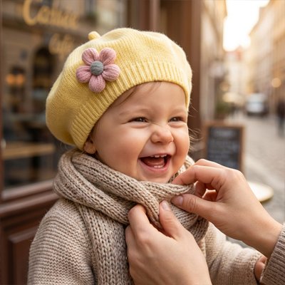 Bonnet bébé fille jaune , bébé regarde son parent en souriant