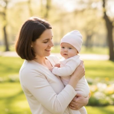 Bonnet bébé fille  rose et blanc, bébé dans les bras de sa maman