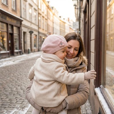 Bonnet bébé fille rose, l'enfant entre les bras de sa maman
