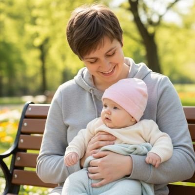 Bonnet bébé fille rose, maman assise sur un banc avec sa fille