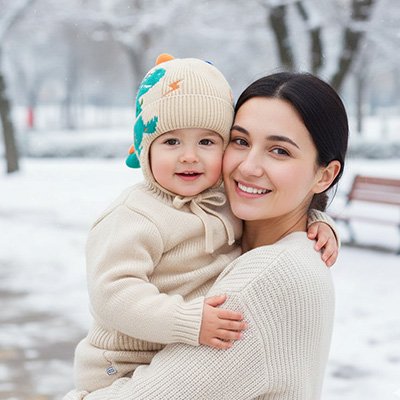 Bonnet bébé garçon beige maman et son enfant regardent vers l'avant