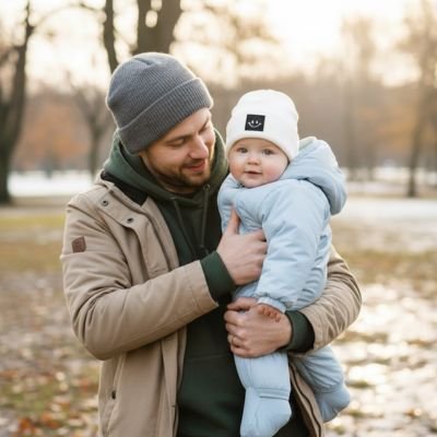 Bonnet bébé garçon blanc, papa admire son bébé 